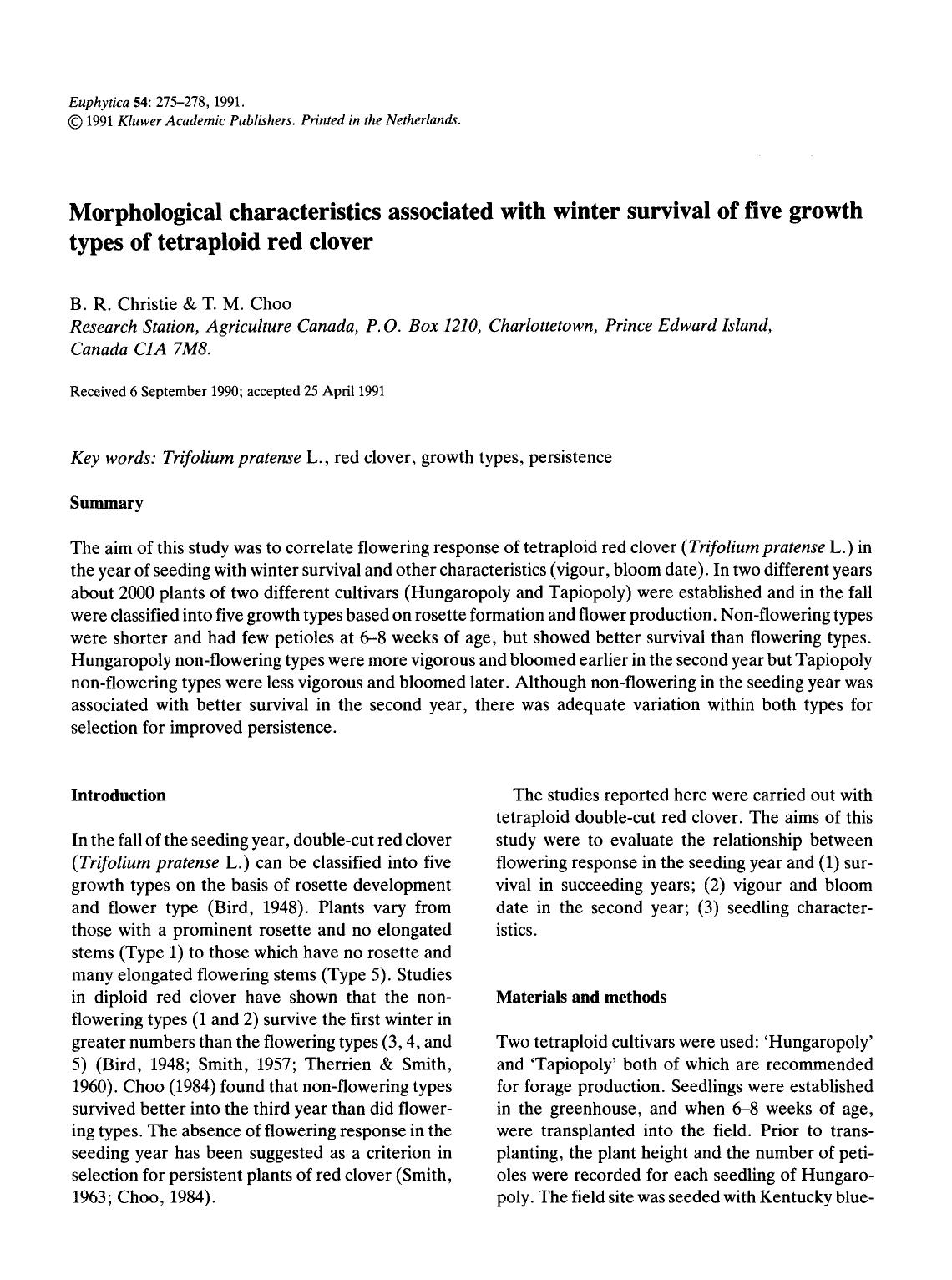 Morphological characteristics associated with winter survival of five growth types of tetraploid red clover by Unknown