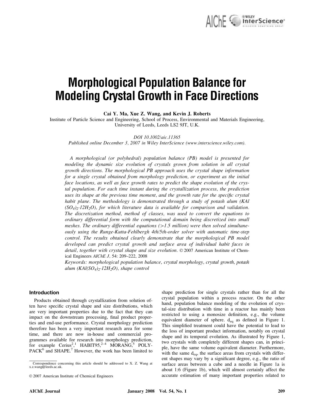 Morphological population balance for modeling crystal growth in face directions by Unknown