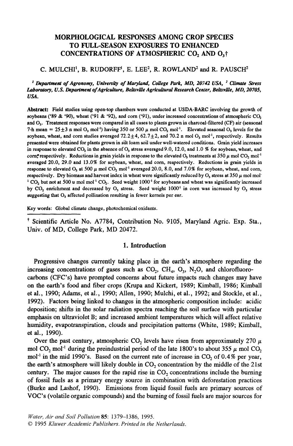Morphological responses among crop species to full-season exposures to enhanced concentrations of atmospheric CO<Subscript>2<Subscript> and O<Subscript>3<Subscript> by Unknown