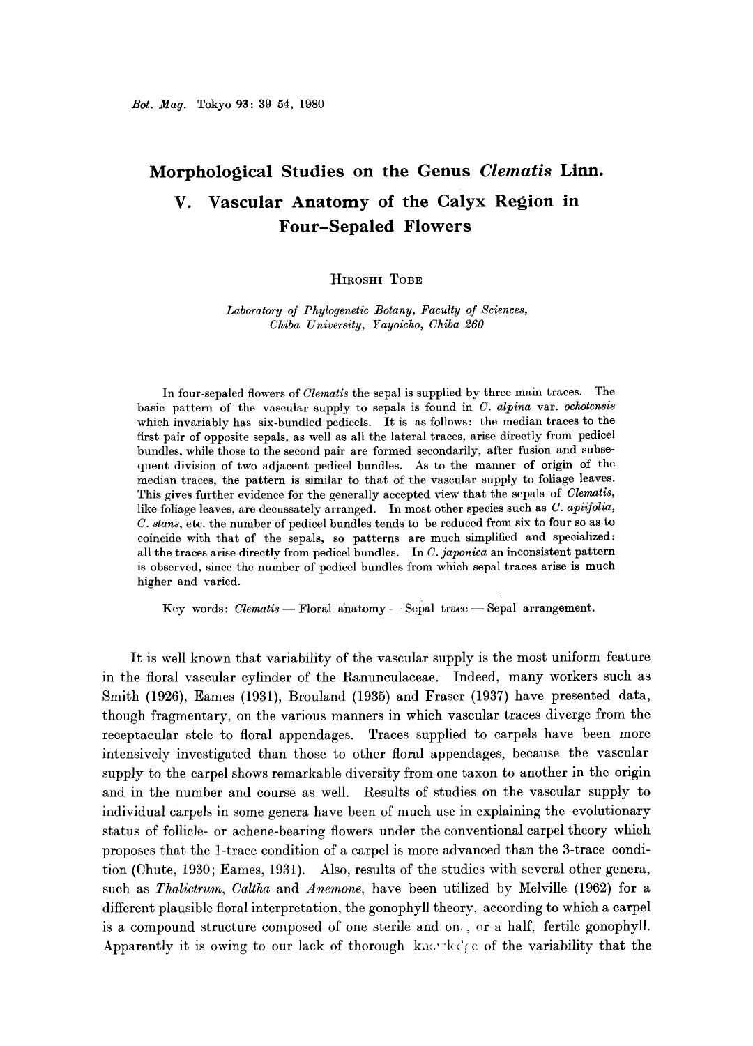 Morphological studies on the genus <Emphasis Type="Italic">Clematis <Emphasis> linn by Unknown