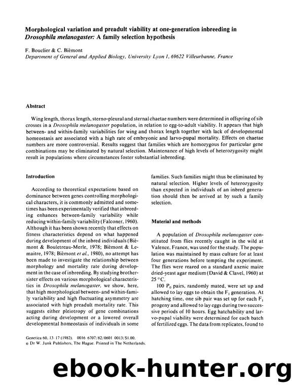Morphological variation and preadult viability at one-generation inbreeding in  <Emphasis Type="Italic">Drosophila melanogaster <Emphasis>: A family selection hypothesis by Unknown