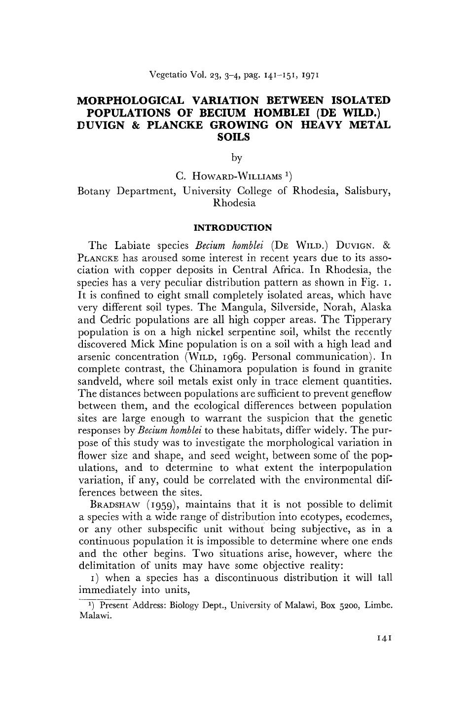Morphological variation between isolated populations of Becium homblei (De Wild.) duvign &amp; plancke growing on heavy metal soils by Unknown
