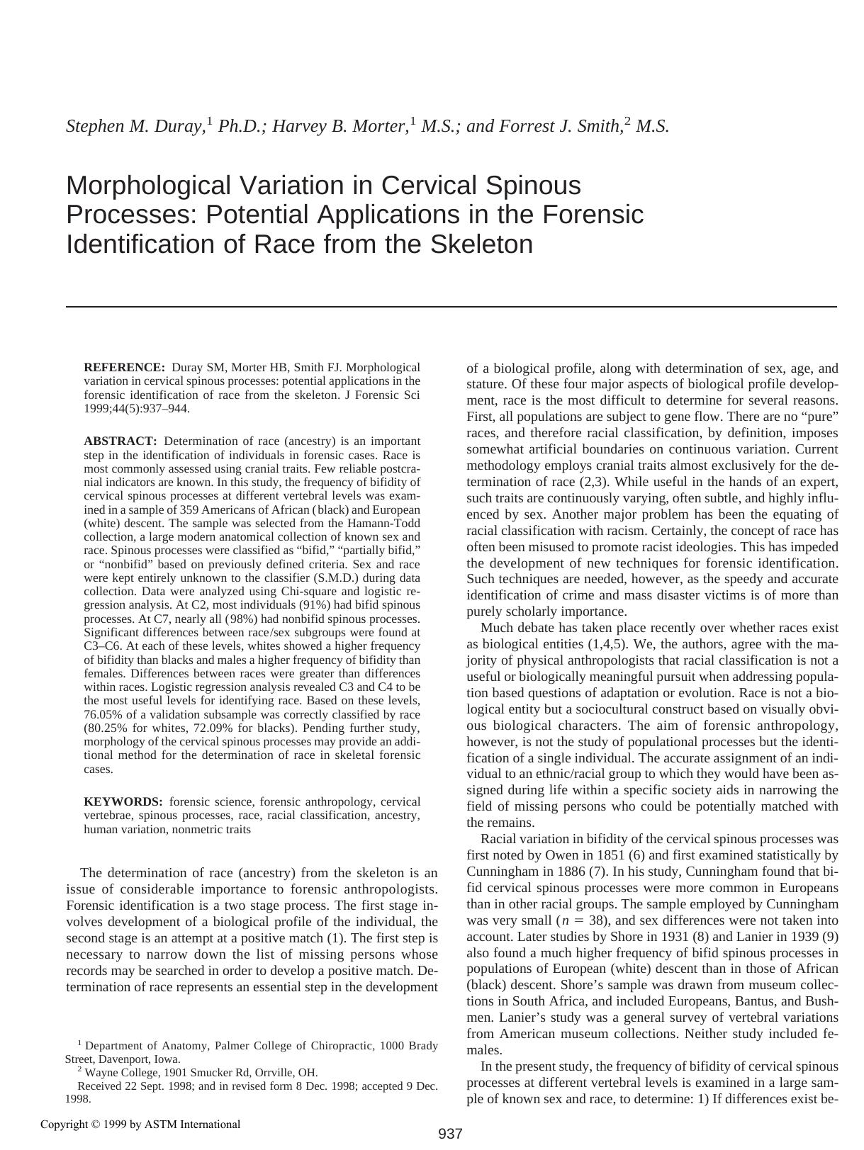 Morphological variation in cervical spinous processes: potential applications in the forensic identification of race from the skeleton by Duray SM Morter HB Smith FJ