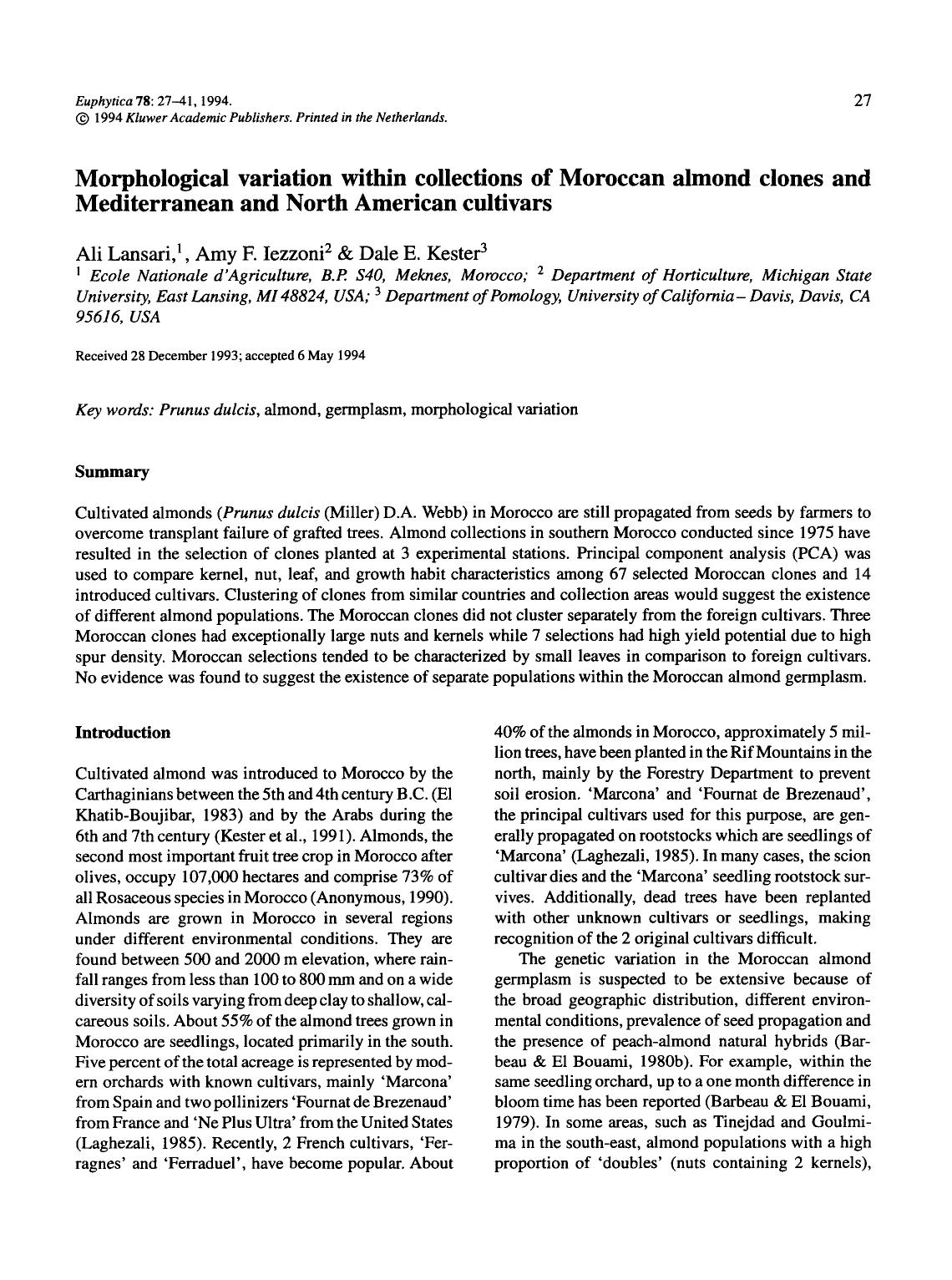 Morphological variation within collections of Moroccan almond clones and Mediterranean and North American cultivars by Unknown