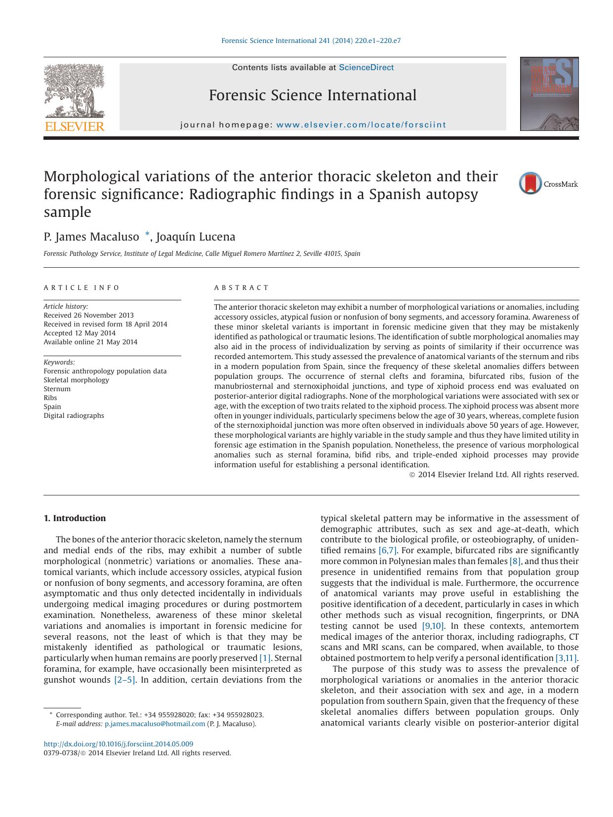 Morphological variations of the anterior thoracic skeleton and their forensic significance: Radiographic findings in a Spanish autopsy sample by P. James Macaluso Jr. & Joaquín Lucena