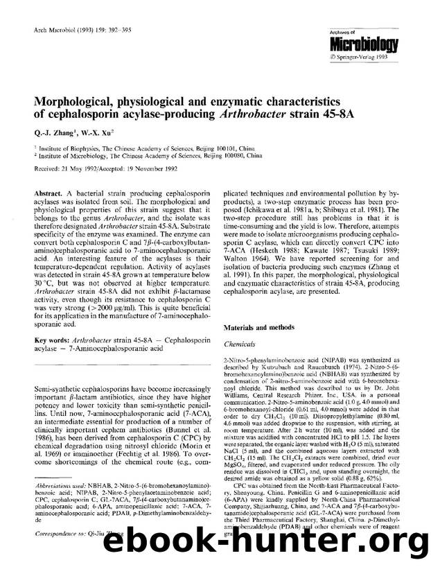 Morphological, physiological and enzymatic characteristics of cephalosporin acylase-producing <Emphasis Type="Italic">Arthrobacter<Emphasis> strain 45-8A by Unknown