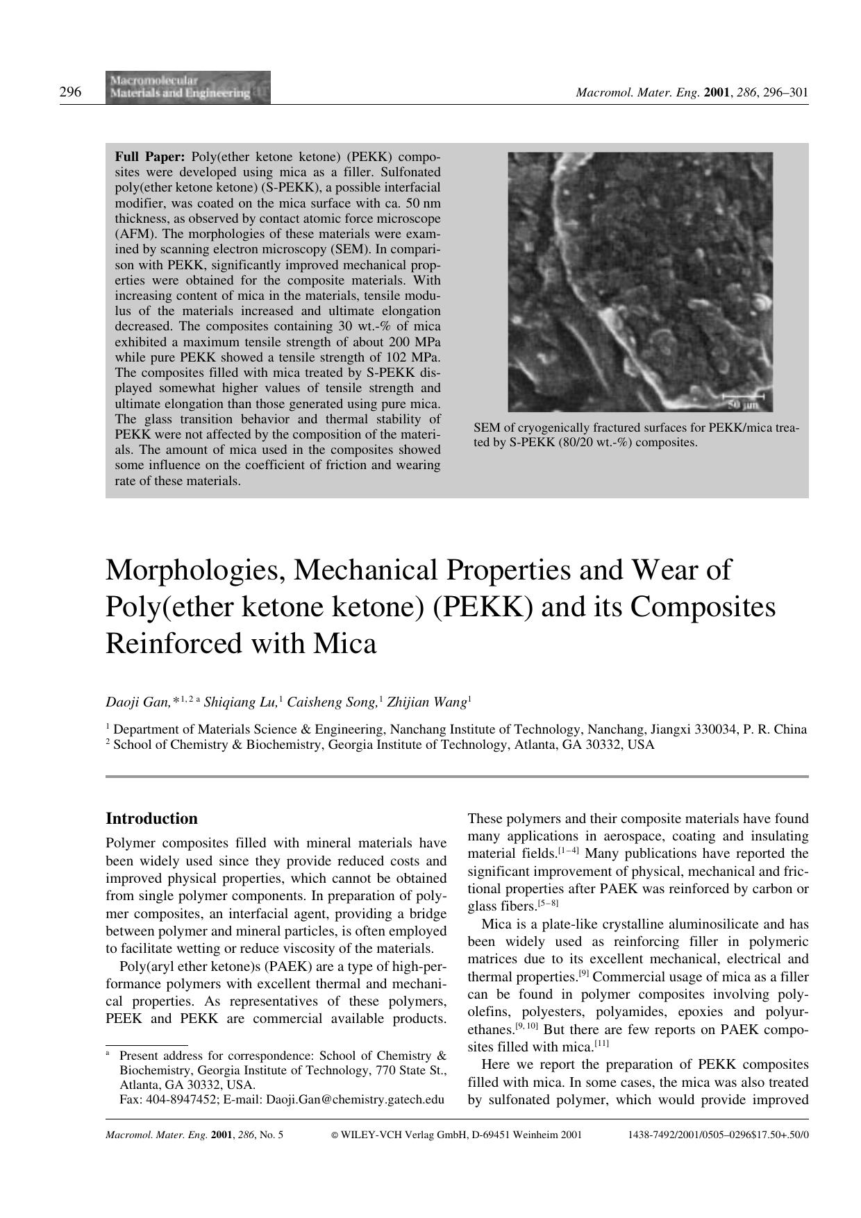 Morphologies, Mechanical Properties and Wear of Poly(ether ketone ketone) (PEKK) and its Composites Reinforced with Mica by Unknown