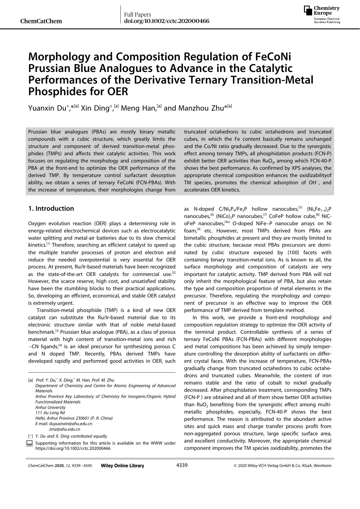 Morphology and Composition Regulation of FeCoNi Prussian Blue Analogues to Advance in the Catalytic Performances of the Derivative Ternary TransitionâMetal Phosphides for OER by Unknown