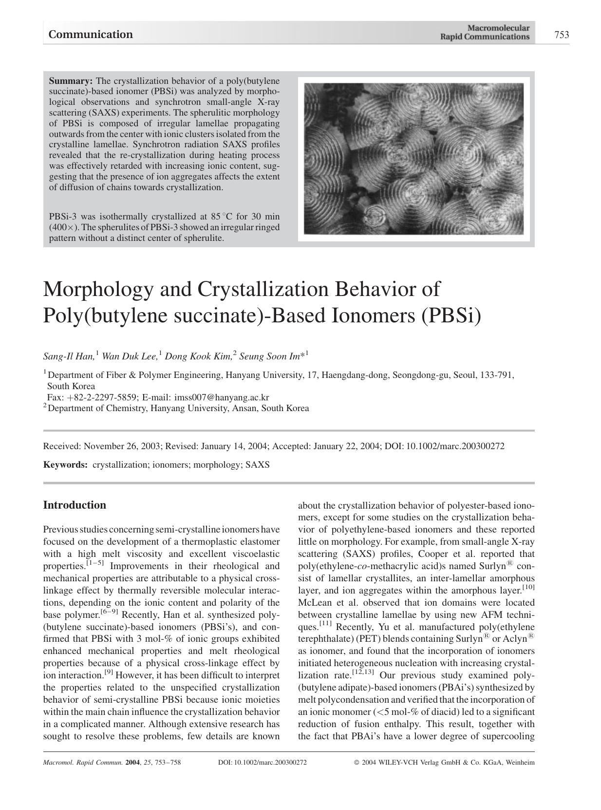 Morphology and Crystallization Behavior of Poly(butylene succinate)-Based Ionomers (PBSi) by Unknown