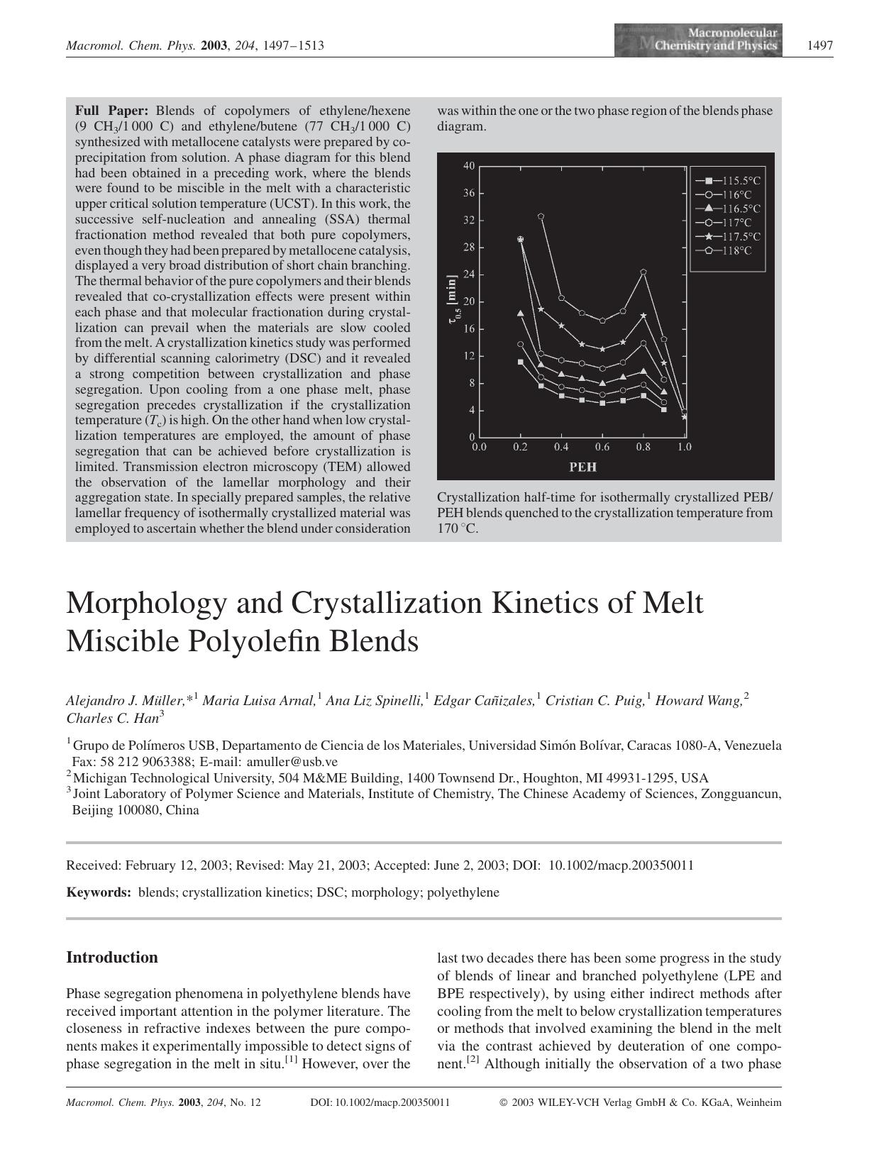 Morphology and Crystallization Kinetics of Melt Miscible Polyolefin Blends by Unknown