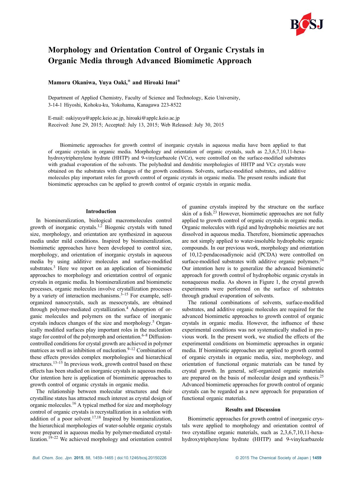Morphology and Orientation Control of Organic Crystals in Organic Media through Advanced Biomimetic Approach by Mamoru Okaniwa Yuya Oaki Hiroaki Imai