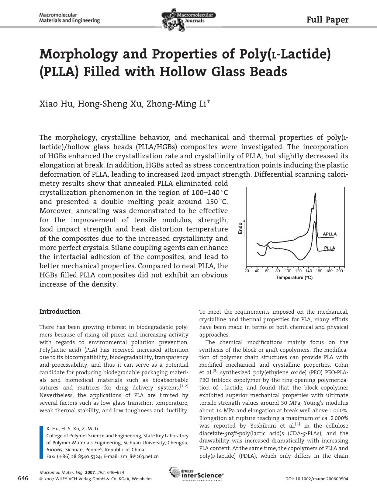 Morphology and Properties of Poly(LLactide) (PLLA) Filled with Hollow Glass Beads by Unknown