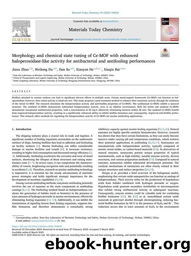 Morphology and chemical state tuning of Ce-MOF with enhanced haloperoxidase-like activity for antibacterial and antifouling performances by Jiaxu Zhao & Weilong Du & Dan Su & Xiaoyan He & Xiuqin Bai