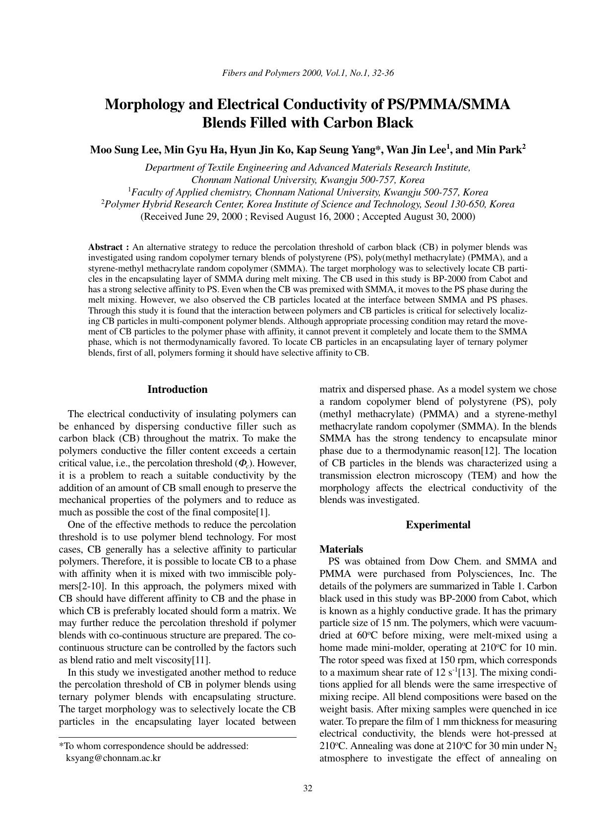 Morphology and electrical conductivity of PSPMMASMMA blends filled with carbon black by Unknown