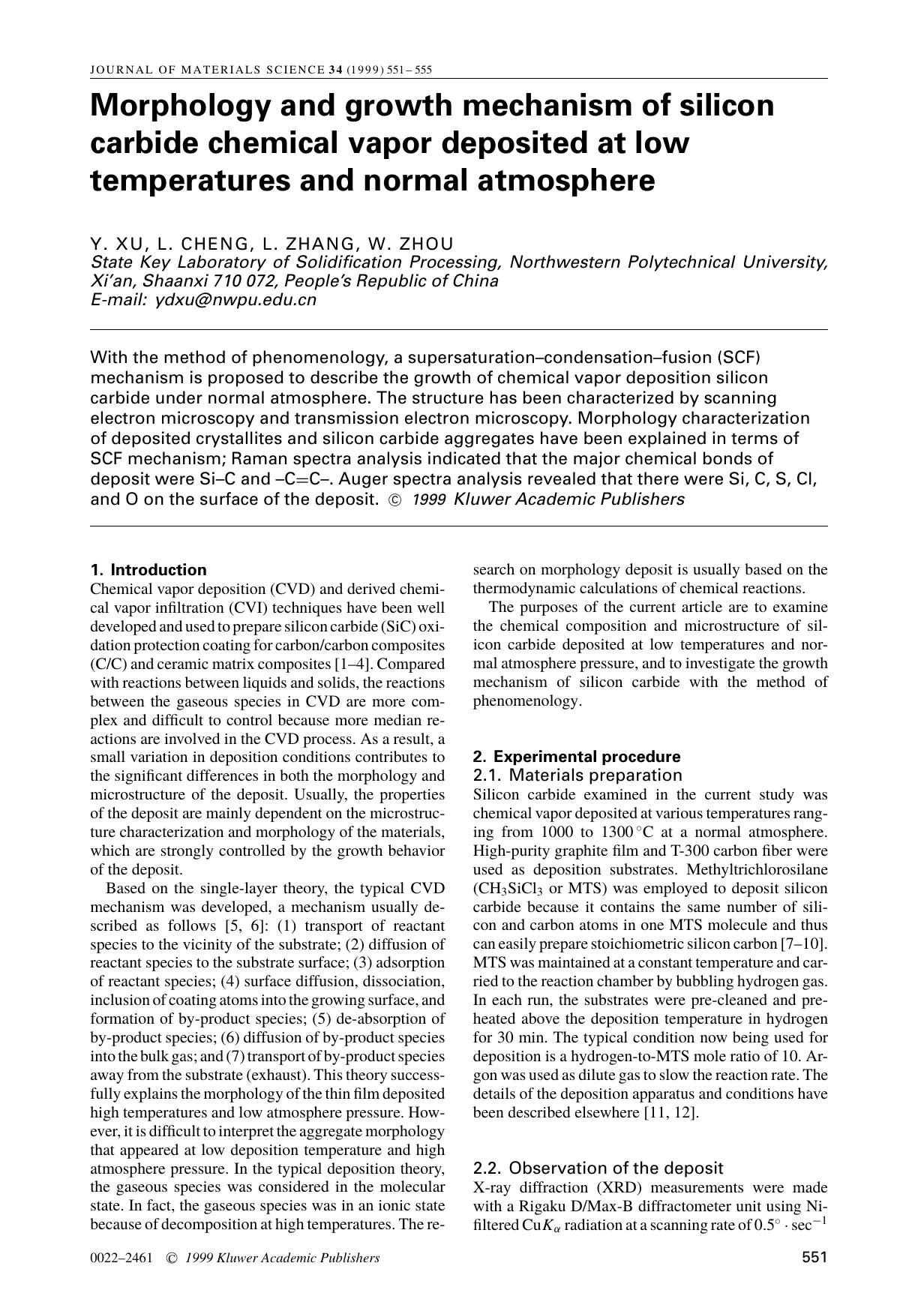 Morphology and growth mechanism of silicon carbide chemical vapor deposited at low temperatures and normal atmosphere by Unknown