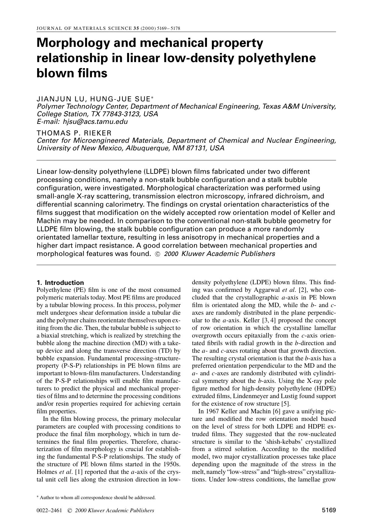 Morphology and mechanical property relationship in linear low-density polyethylene blown films by Unknown