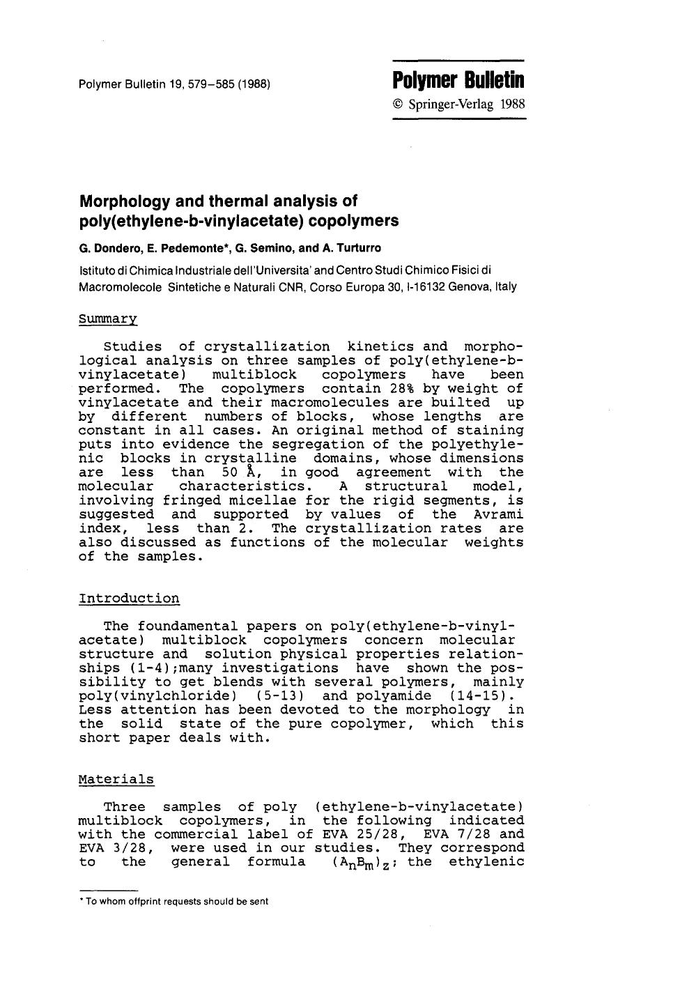 Morphology and thermal analysis of poly(ethylene-b-vinylacetate) copolymers by Unknown