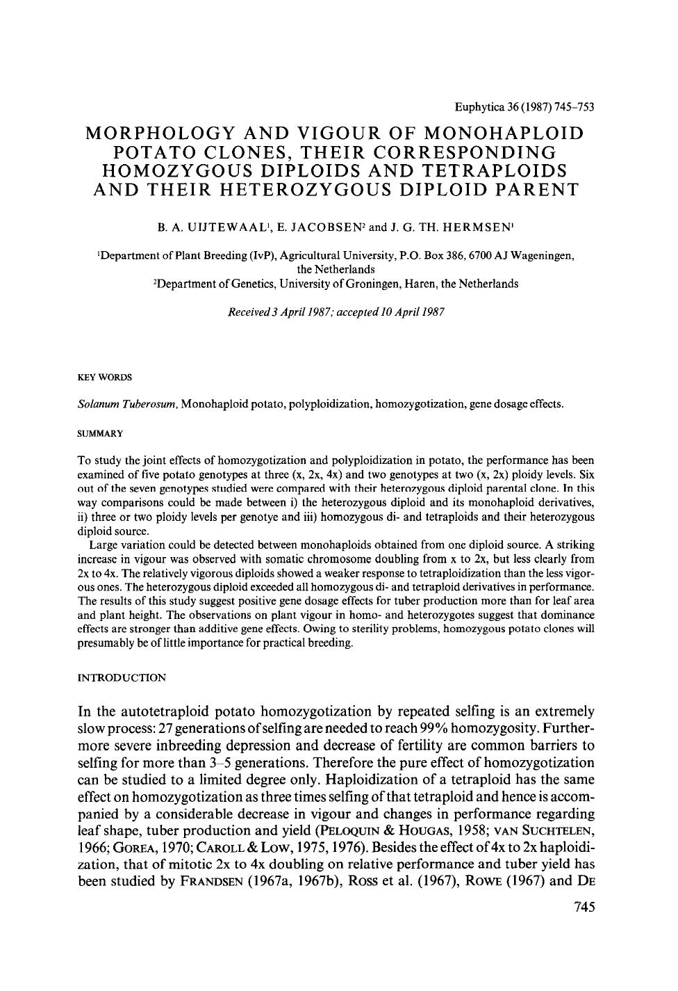 Morphology and vigour of monohaploid potato clones, their corresponding homozygous diploids and tetraploids and their heterozygous diploid parent by Unknown
