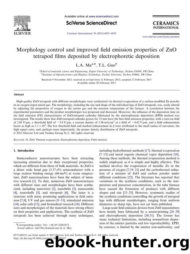 Morphology control and improved field emission properties of ZnO tetrapod films deposited by electrophoretic deposition by L.A. Ma & T.L. Guo