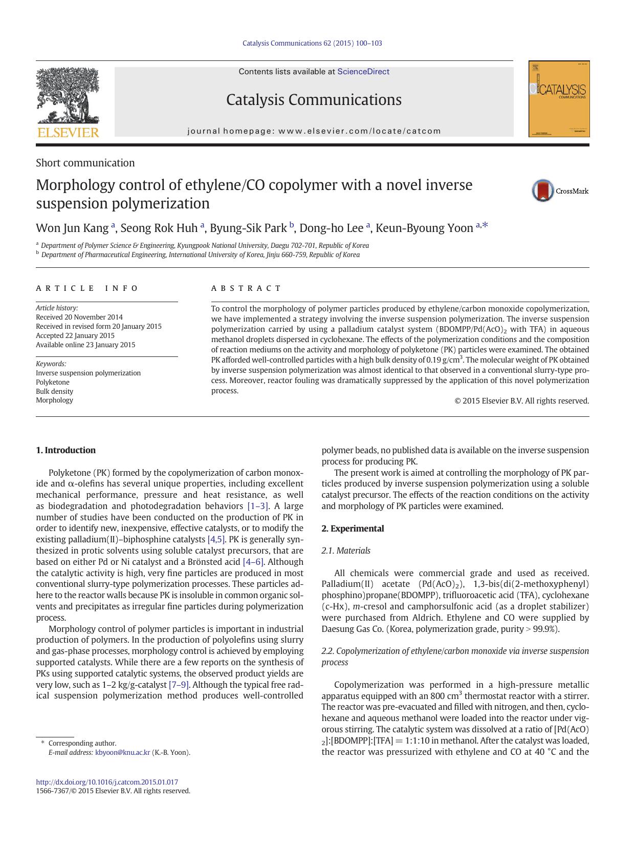 Morphology control of ethyleneCO copolymer with a novel inverse suspension polymerization by Won Jun Kang & Seong Rok Huh & Byung-Sik Park & Dong-ho Lee & Keun-Byoung Yoon
