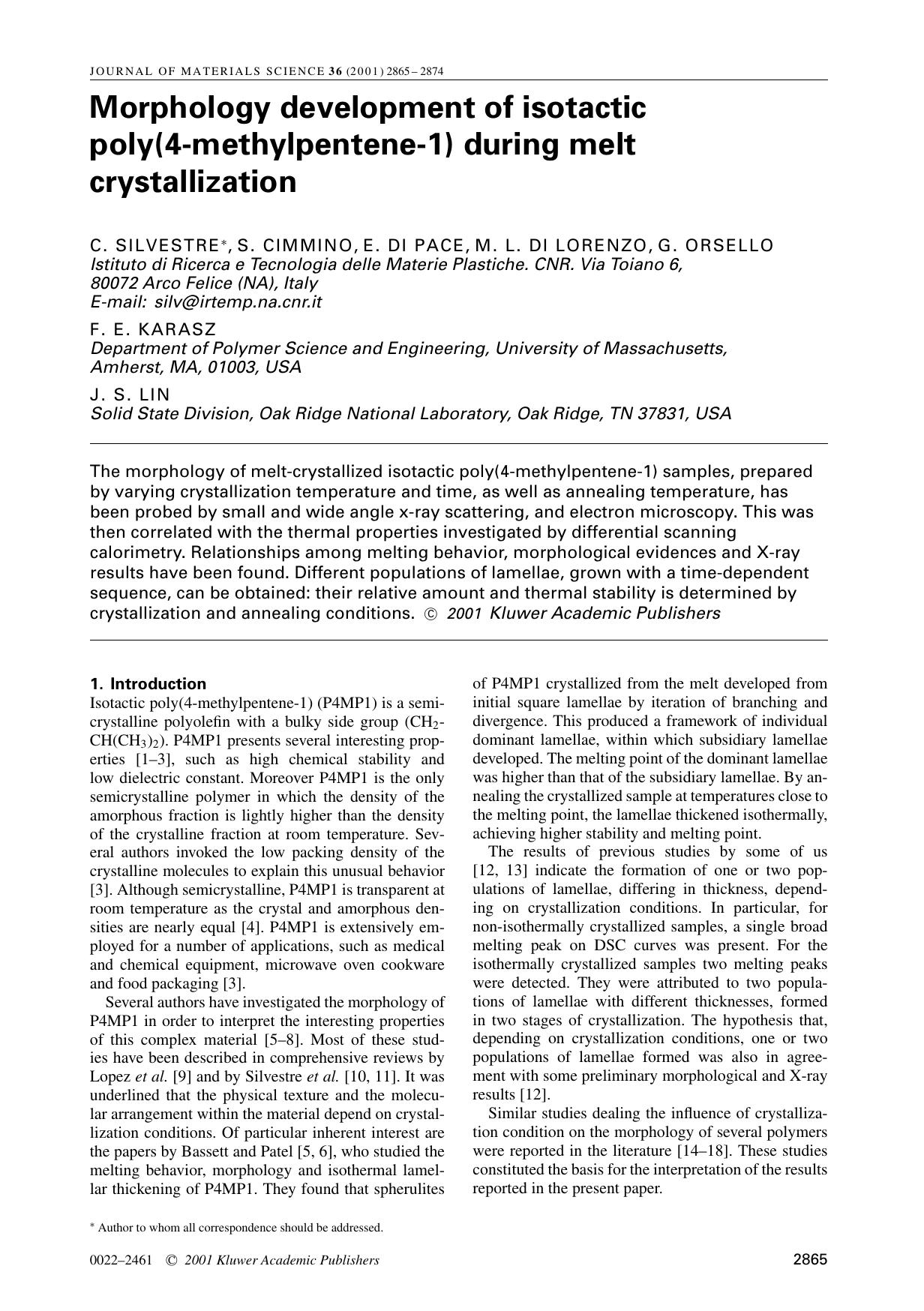 Morphology development of isotactic poly(4-methylpentene-1) during melt crystallization by Unknown