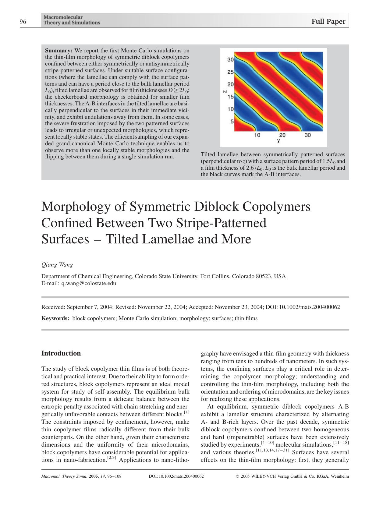 Morphology of Symmetric Diblock Copolymers Confined Between Two Stripe-Patterned Surfaces - Tilted Lamellae and More by Unknown