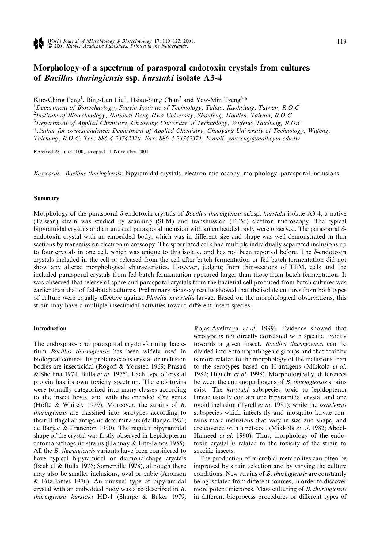 Morphology of a spectrum of parasporal endotoxin crystals from cultures of Bacillus thuringiensis ssp. kurstaki isolate A3-4 by Unknown
