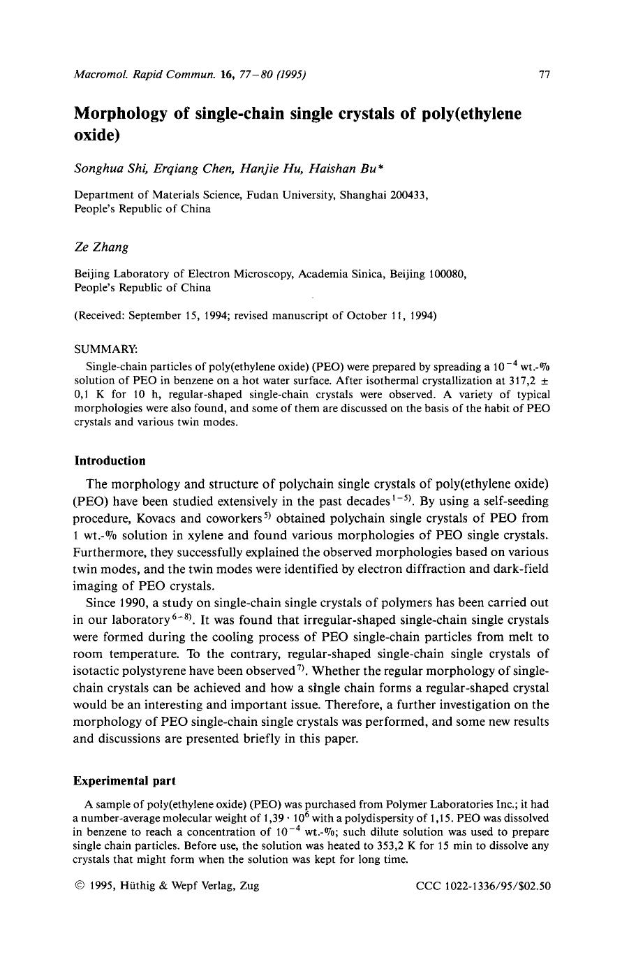 Morphology of single-chain single crystals of poly(ethylene oxide) by Unknown
