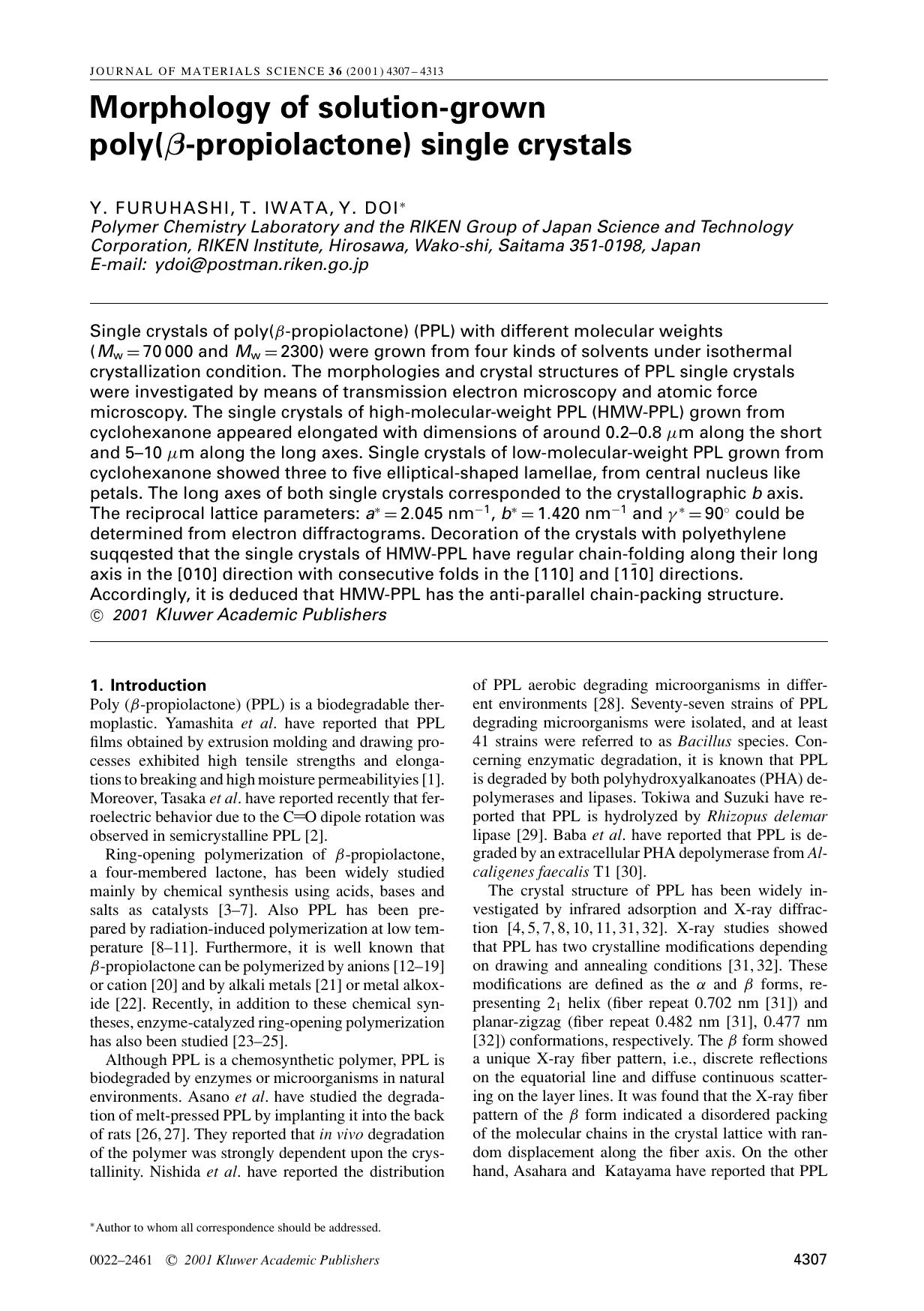 Morphology of solution-grown poly(β-propiolactone) single crystals by Unknown