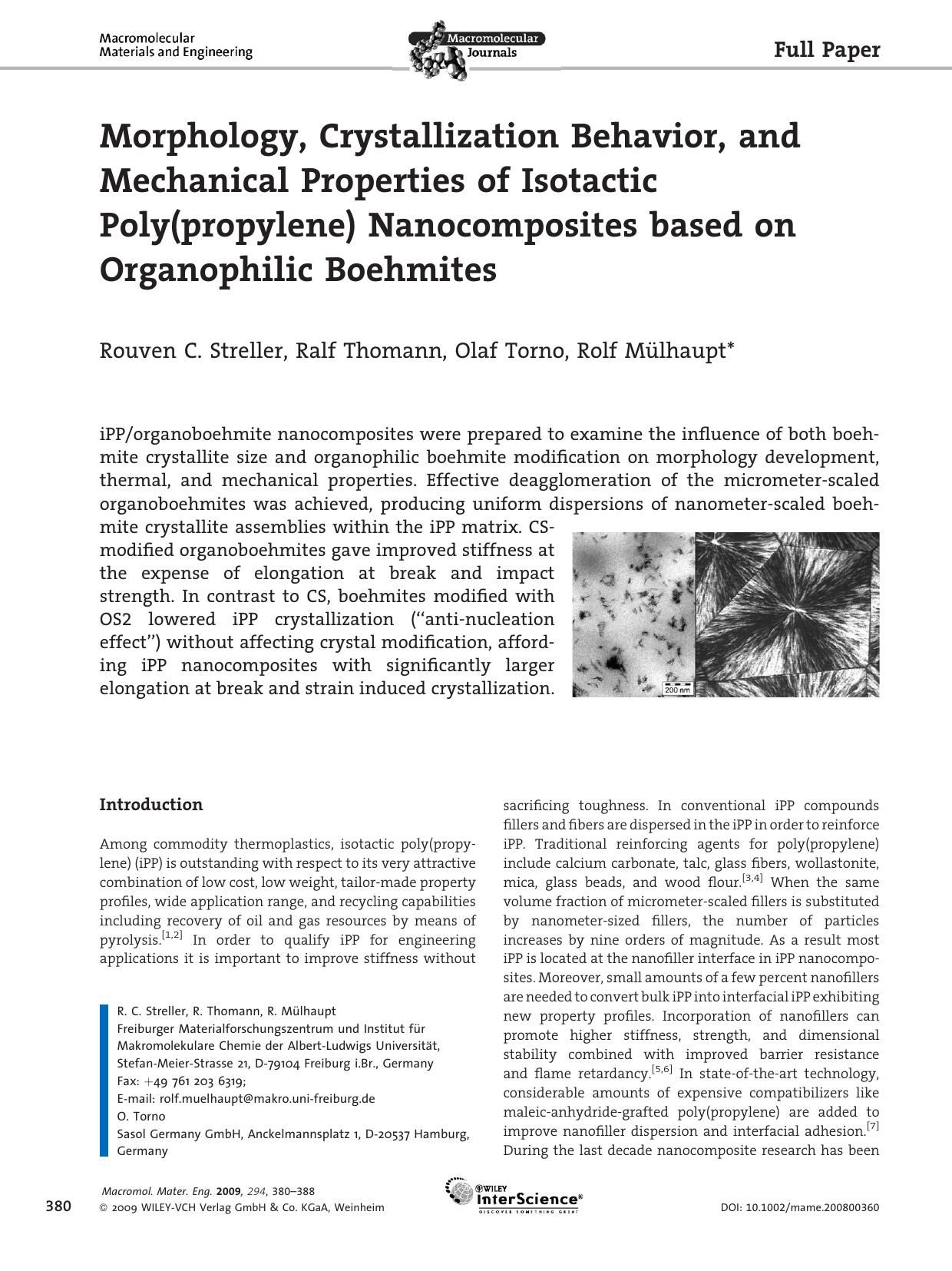 Morphology, Crystallization Behavior, and Mechanical Properties of Isotactic Poly(propylene) Nanocomposites based on Organophilic Boehmites by Unknown