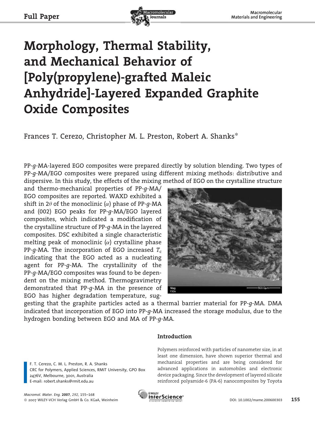 Morphology, Thermal Stability, and Mechanical Behavior of [Poly(propylene)-grafted Maleic Anhydride]-Layered Expanded Graphite Oxide Composites by Unknown