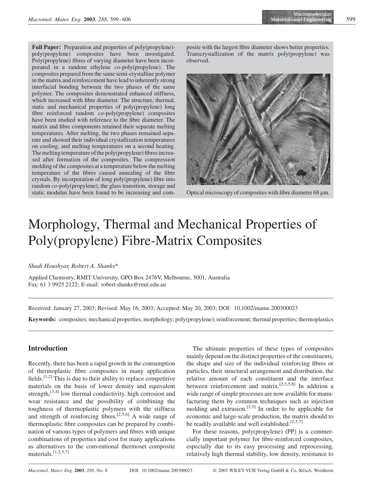 Morphology, Thermal and Mechanical Properties of Poly(propylene) Fibre-Matrix Composites by Unknown