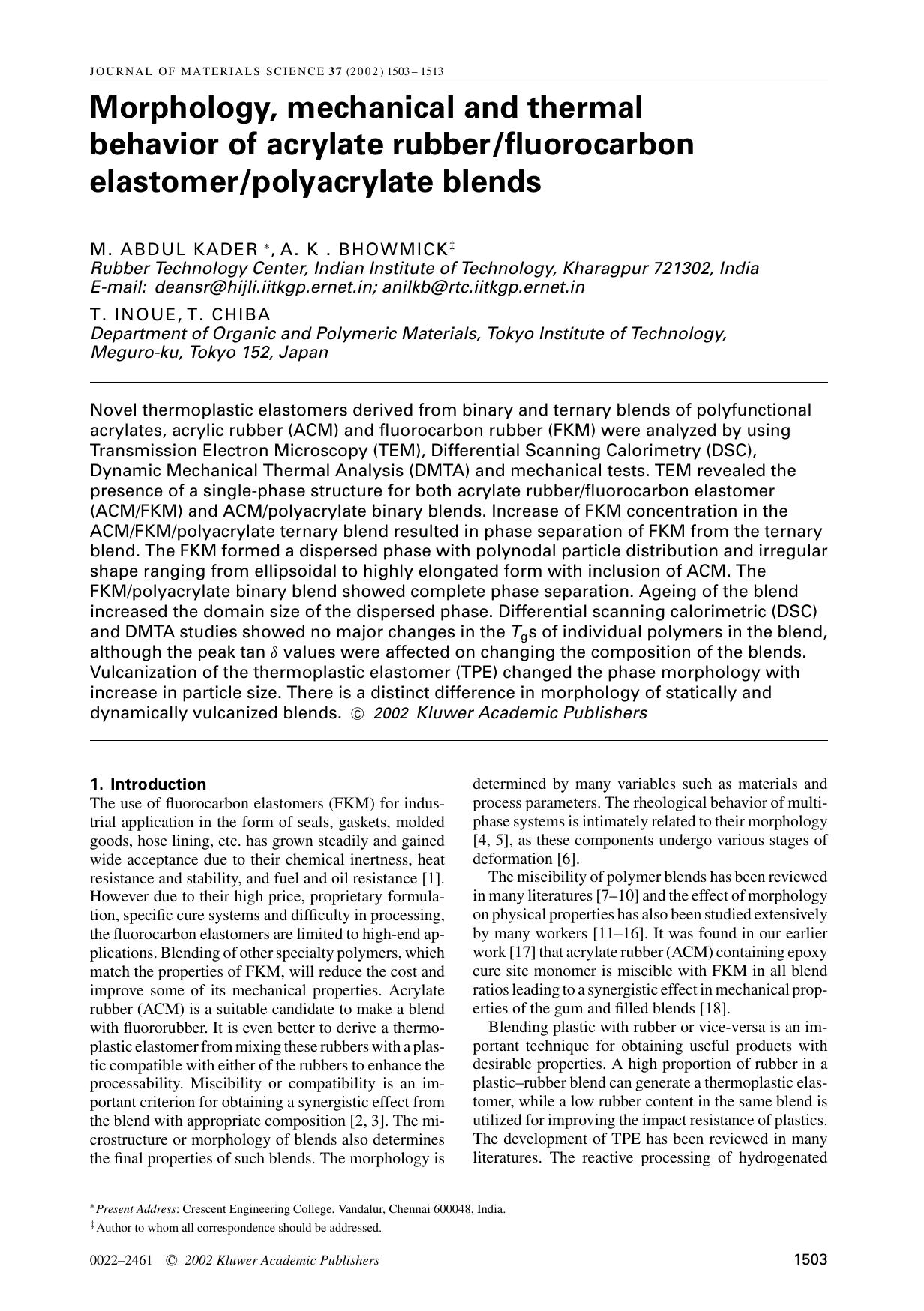 Morphology, mechanical and thermal behavior of acrylate rubberfluorocarbon elastomerpolyacrylate blends by Unknown