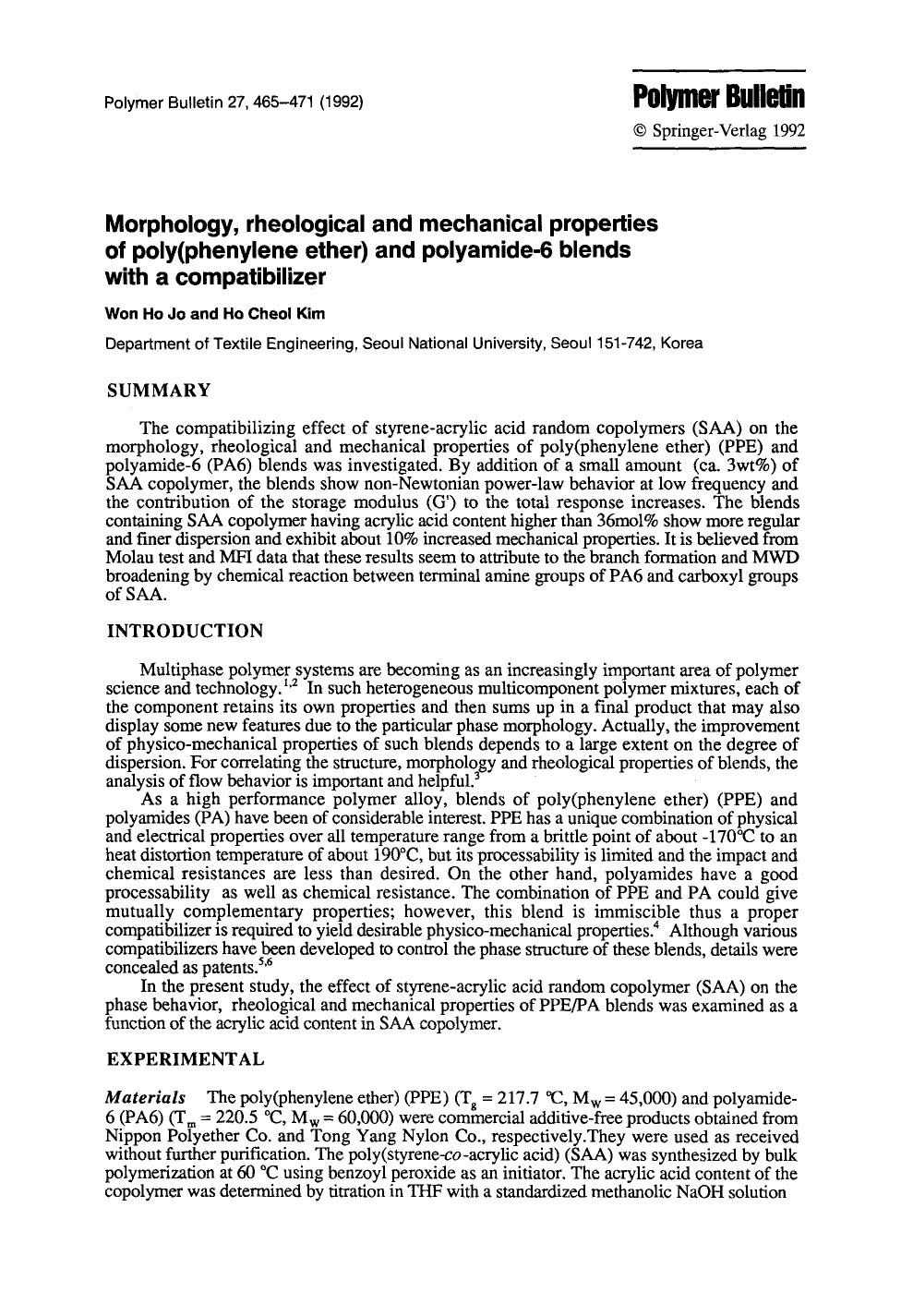 Morphology, rheological and mechanical properties of poly(phenylene ether) and polyamide-6 blends with a compatibilizer by Unknown