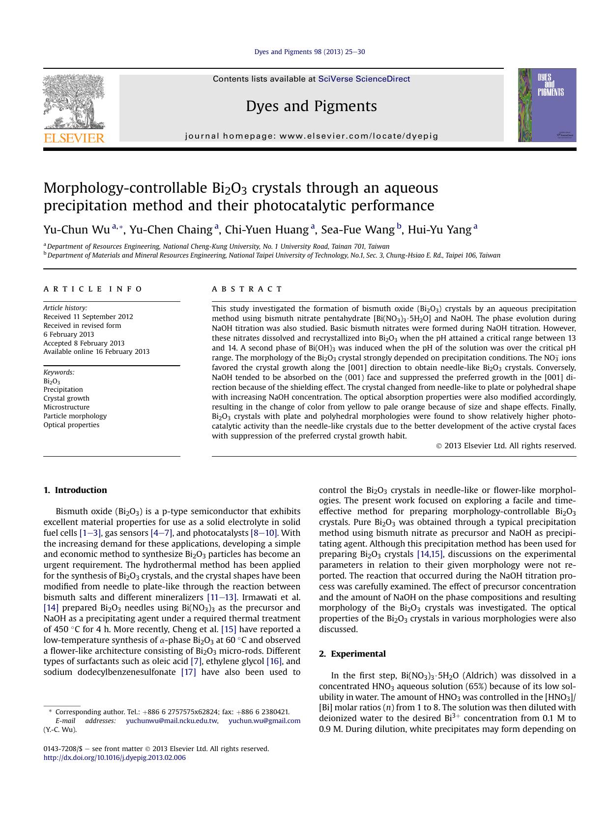 Morphology-controllable Bi2O3 crystals through an aqueous precipitation method and their photocatalytic performance by Yu-Chun Wu & Yu-Chen Chaing & Chi-Yuen Huang & Sea-Fue Wang & Hui-Yu Yang