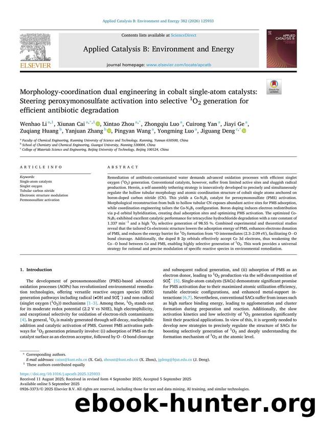 Morphology-coordination dual engineering in cobalt single-atom catalysts: Steering peroxymonosulfate activation into selective 1O2 generation for efficient antibiotic degradation by unknow