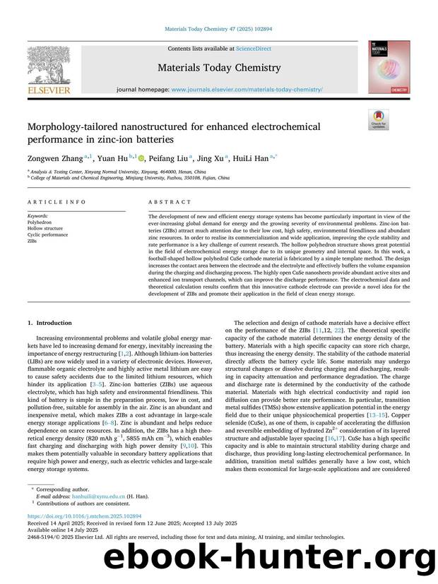 Morphology-tailored nanostructured for enhanced electrochemical performance in zinc-ion batteries by Zongwen Zhang & Yuan Hu & Peifang Liu & Jing Xu & HuiLi Han