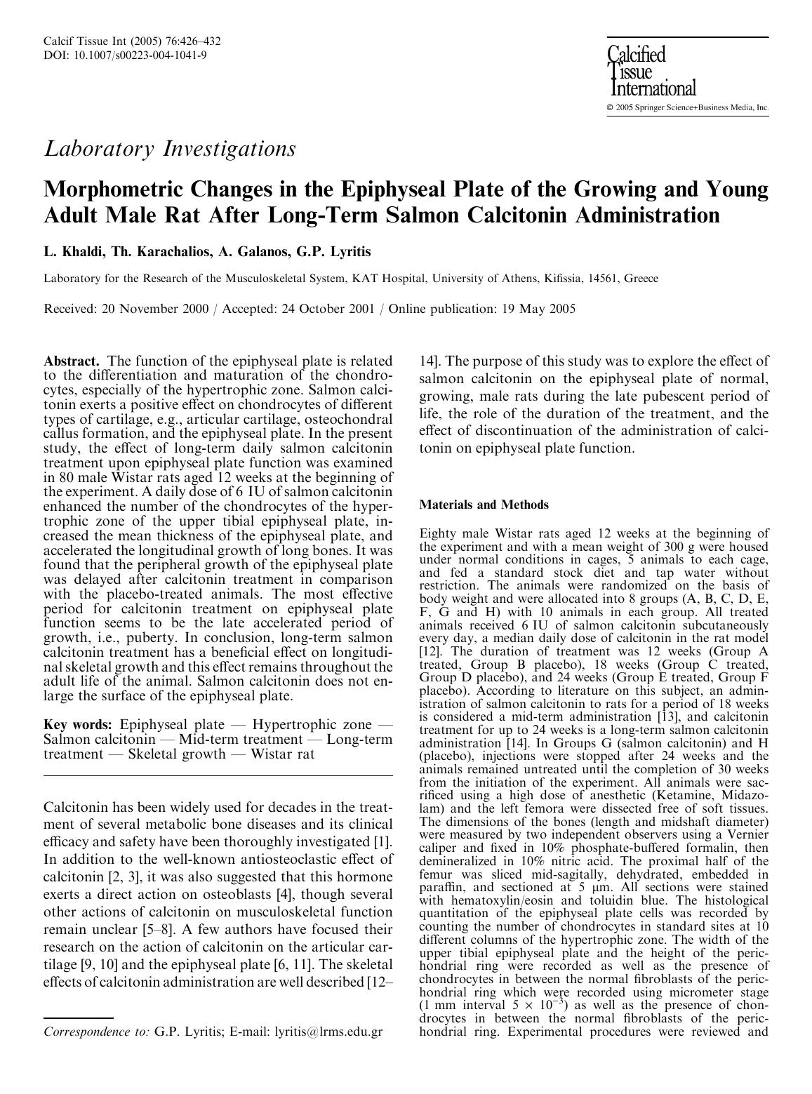 Morphometric Changes in the Epiphyseal Plate of the Growing and Young Adult Male Rat After Long-Term Salmon Calcitonin Administration by Khaldi L. et al