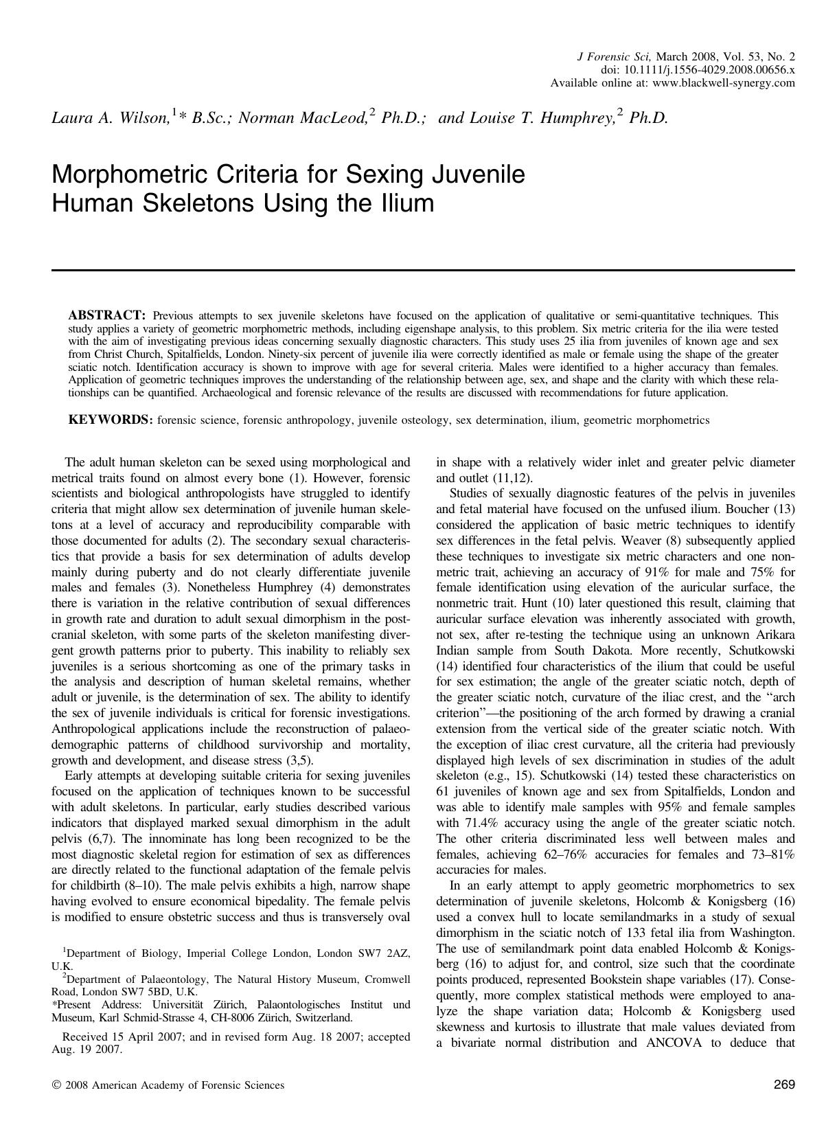 Morphometric Criteria for Sexing Juvenile Human Skeletons Using the Ilium by Unknown