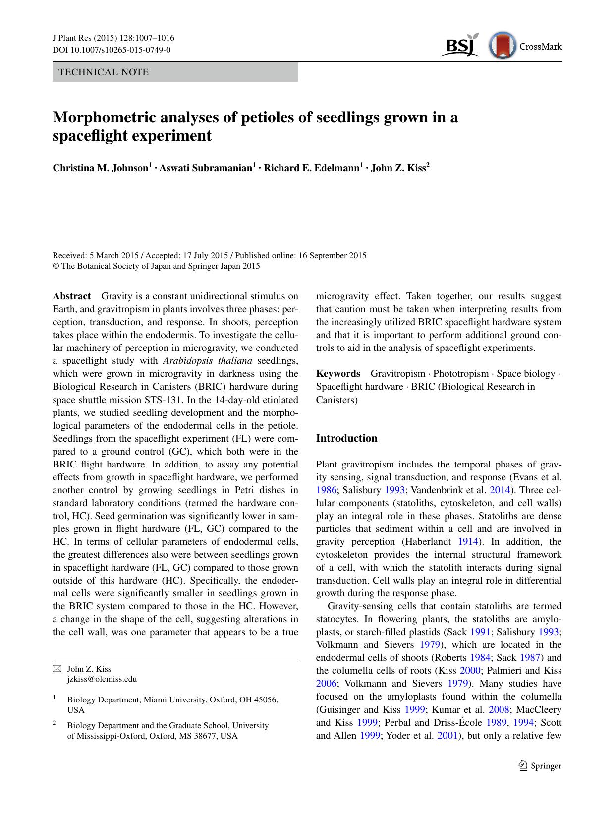 Morphometric analyses of petioles of seedlings grown in a spaceflight experiment by Christina M. Johnson & Aswati Subramanian & Richard E. Edelmann & John Z. Kiss