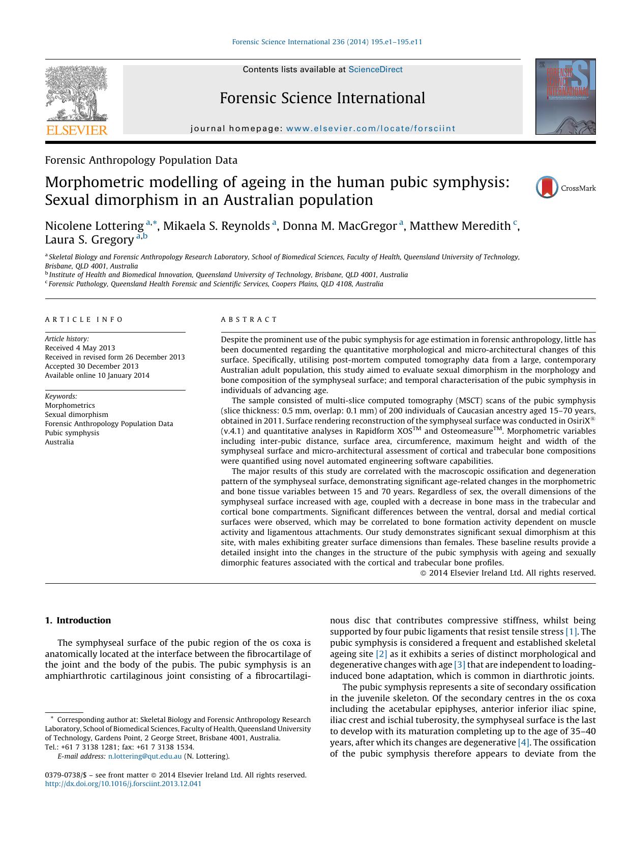 Morphometric modelling of ageing in the human pubic symphysis: Sexual dimorphism in an Australian population by Nicolene Lottering