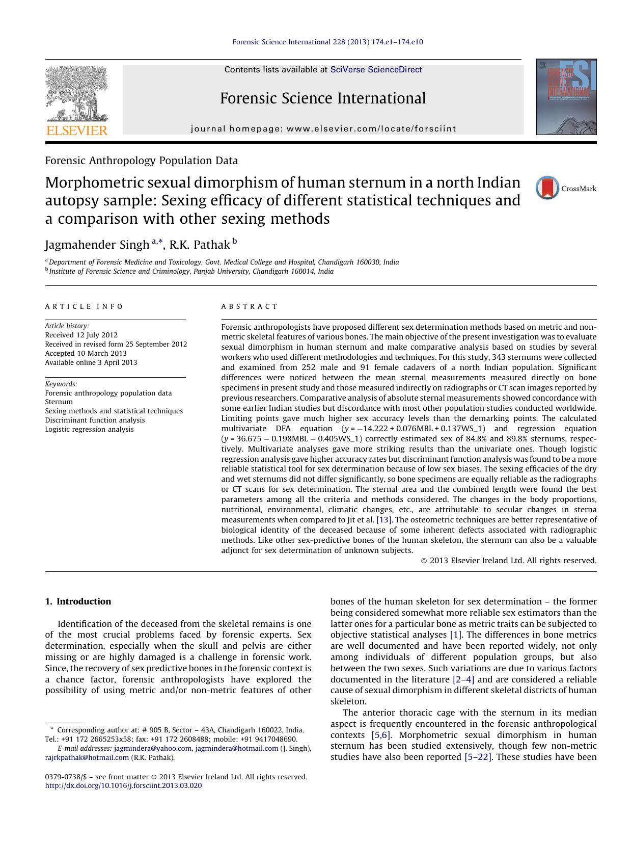 Morphometric sexual dimorphism of human sternum in a north Indian autopsy sample: Sexing efficacy of different statistical techniques and a comparison with other sexing methods by Jagmahender Singh & R.K. Pathak