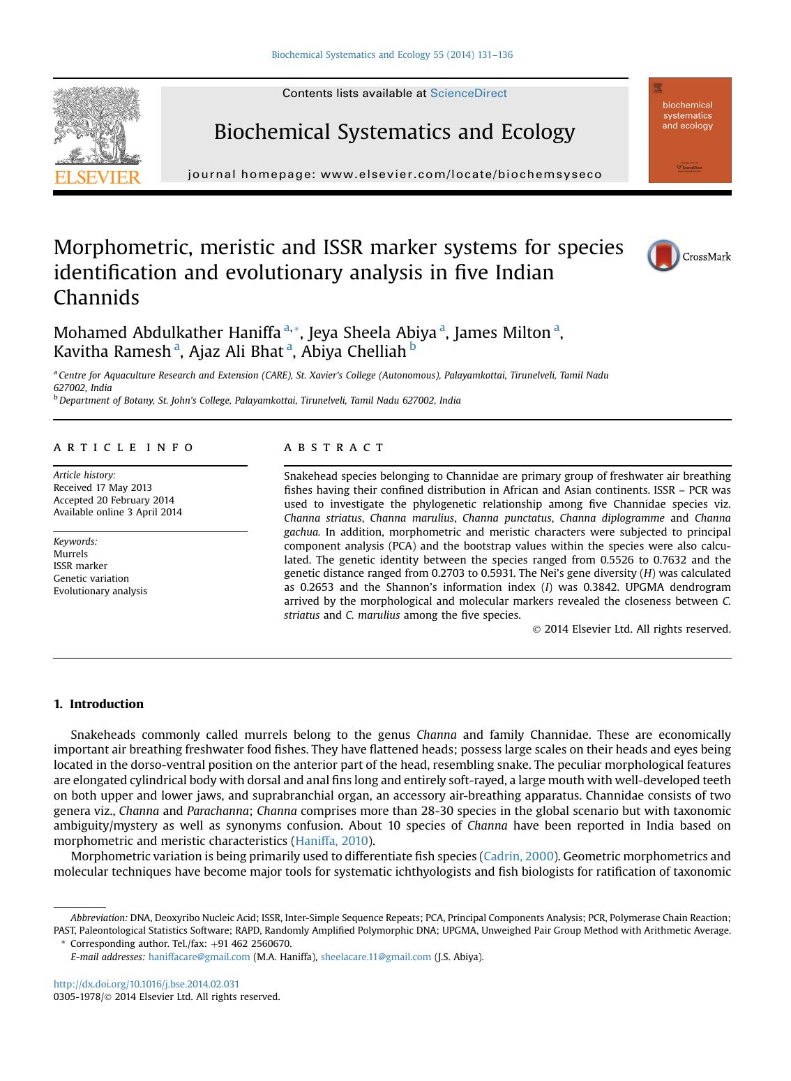 Morphometric, meristic and ISSR marker systems for species identification and evolutionary analysis in five Indian Channids by unknow