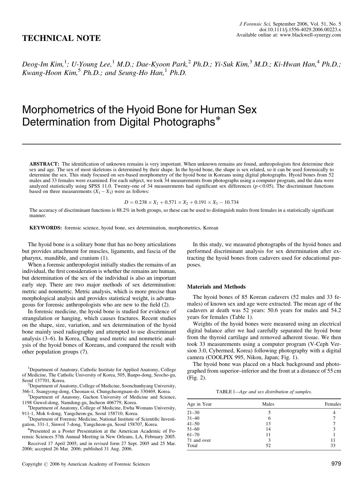 Morphometrics of the Hyoid Bone for Human Sex Determination from Digital Photographs* by Unknown