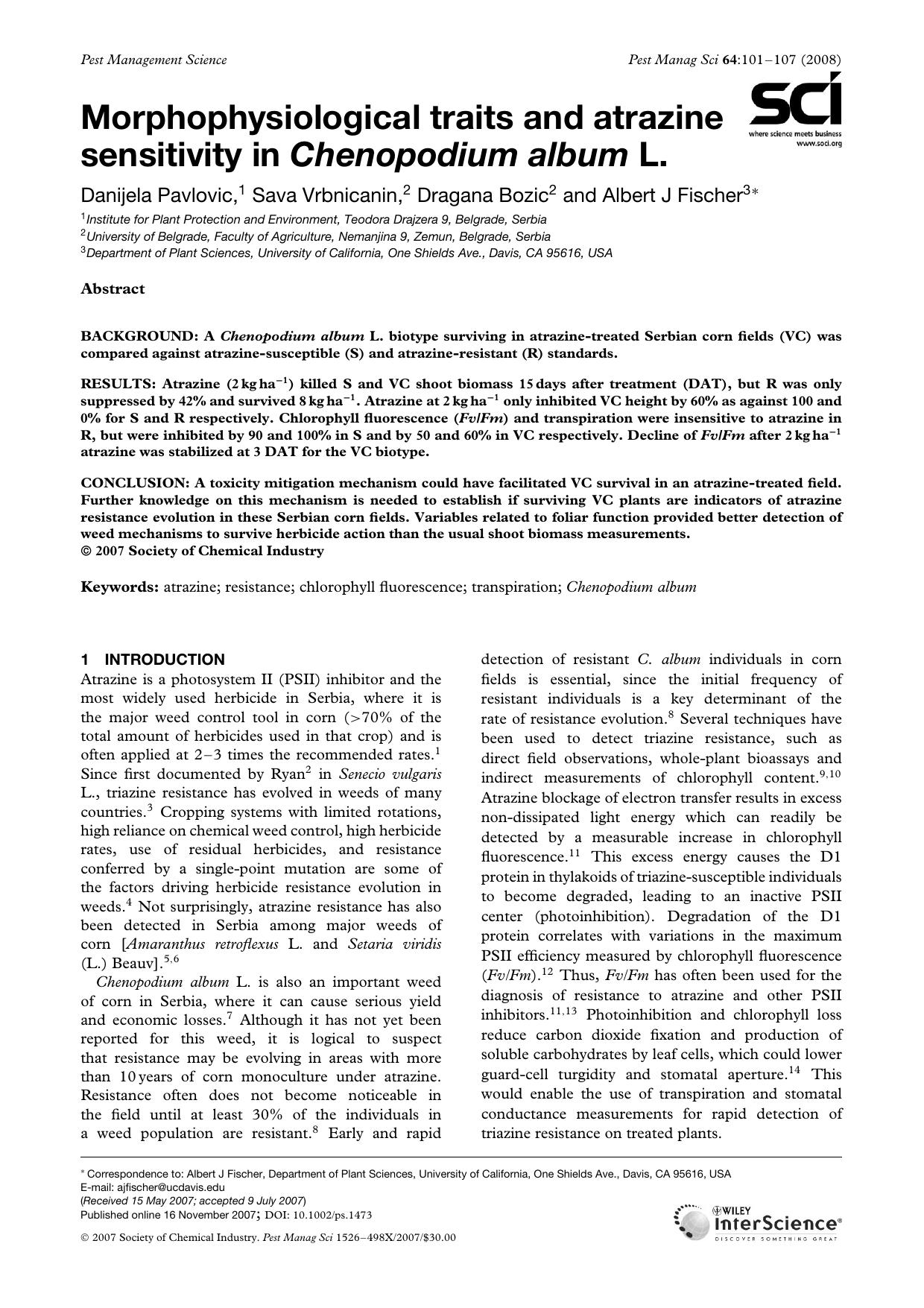 Morphophysiological traits and atrazine sensitivity in Chenopodium album L. by Unknown