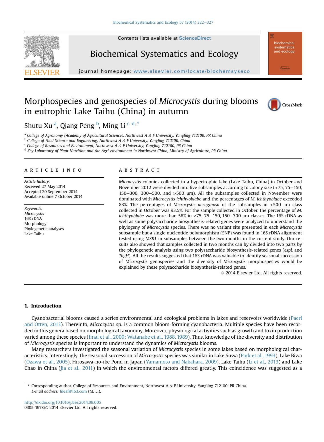 Morphospecies and genospecies of Microcystis during blooms in eutrophic Lake Taihu (China) in autumn by Shutu Xu & Qiang Peng & Ming Li