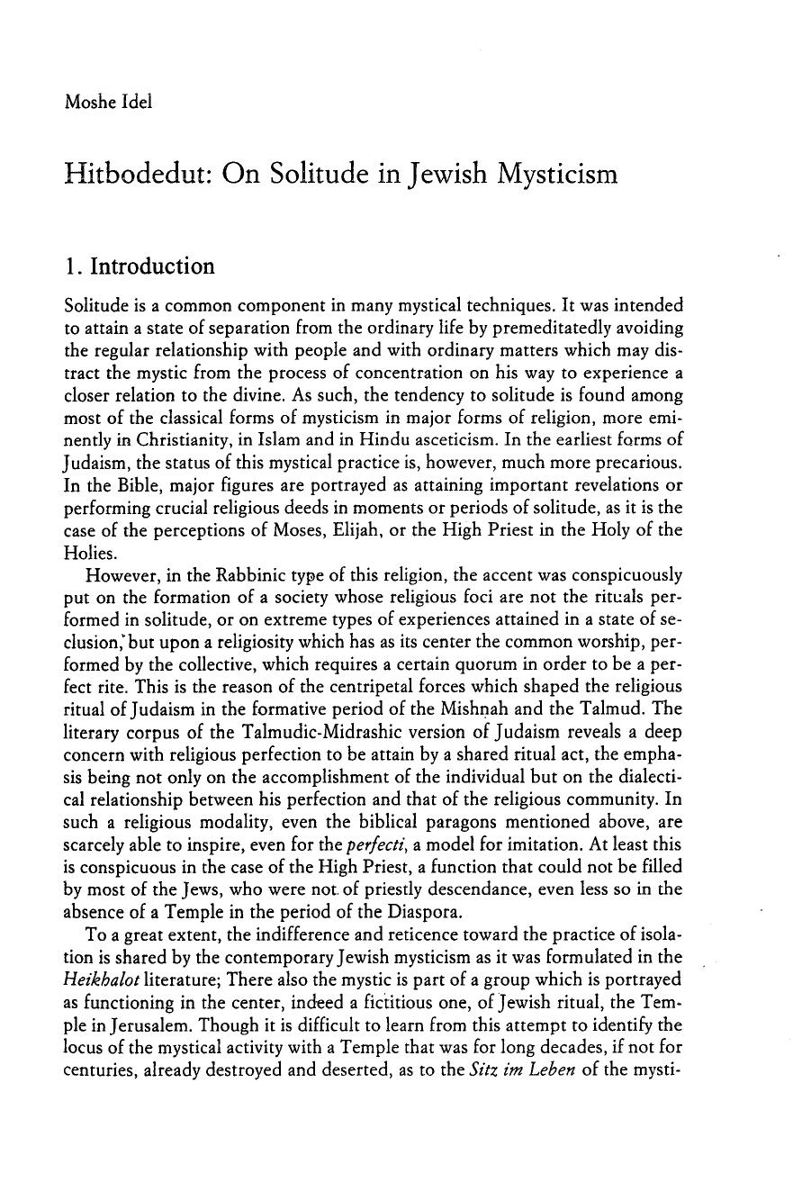 Moshe Idel: Hitbodedut, On Solitude in Jewish Mysticism by Moshe Idel