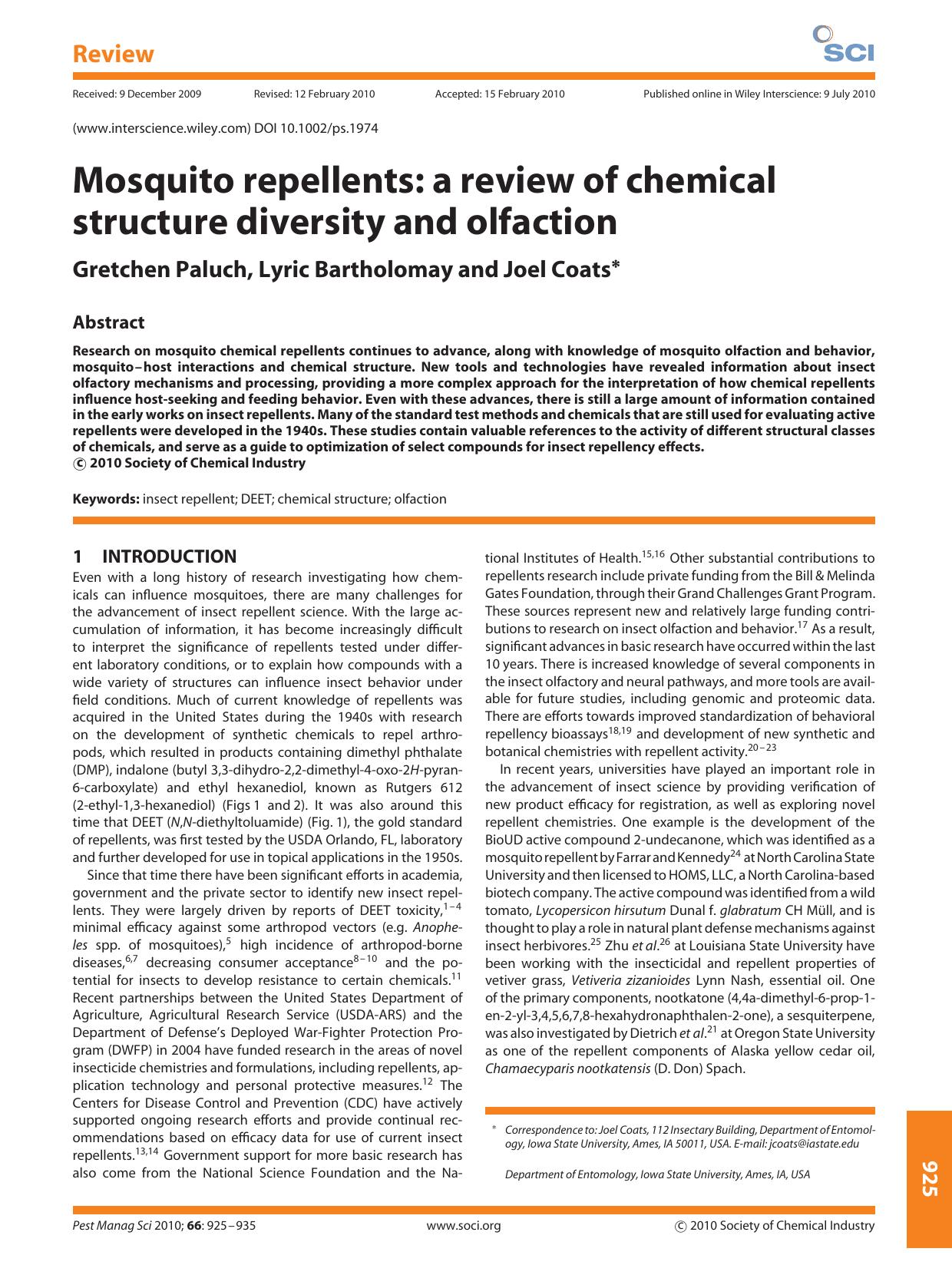 Mosquito repellents: a review of chemical structure diversity and olfaction by Unknown