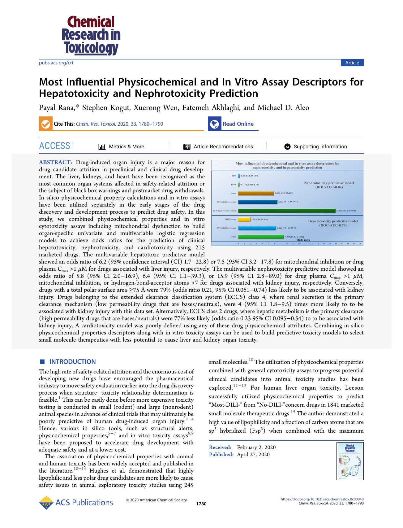 Most Influential Physicochemical and In Vitro Assay Descriptors for Hepatotoxicity and Nephrotoxicity Prediction by Payal Rana Stephen Kogut Xuerong Wen Fatemeh Akhlaghi and Michael D. Aleo