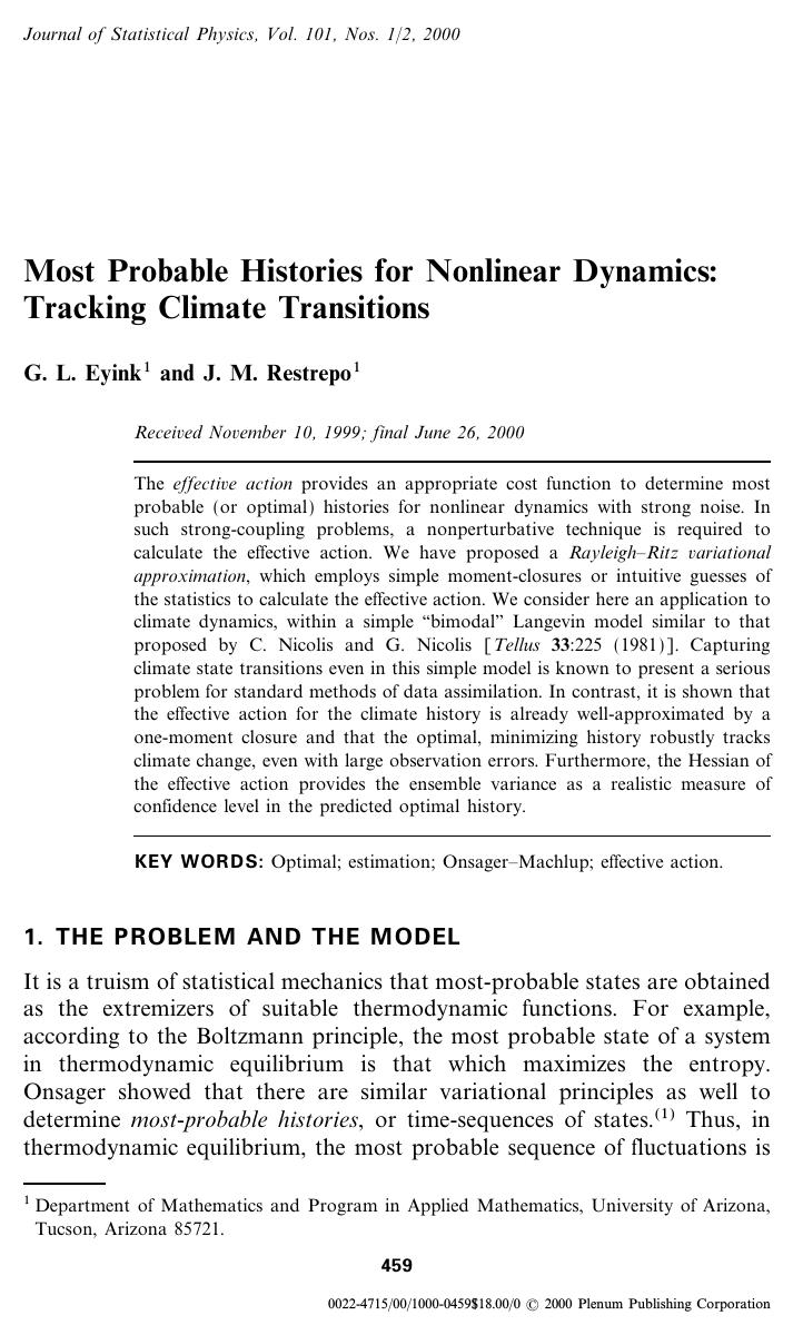 Most Probable Histories for Nonlinear Dynamics: Tracking Climate Transitions by Unknown